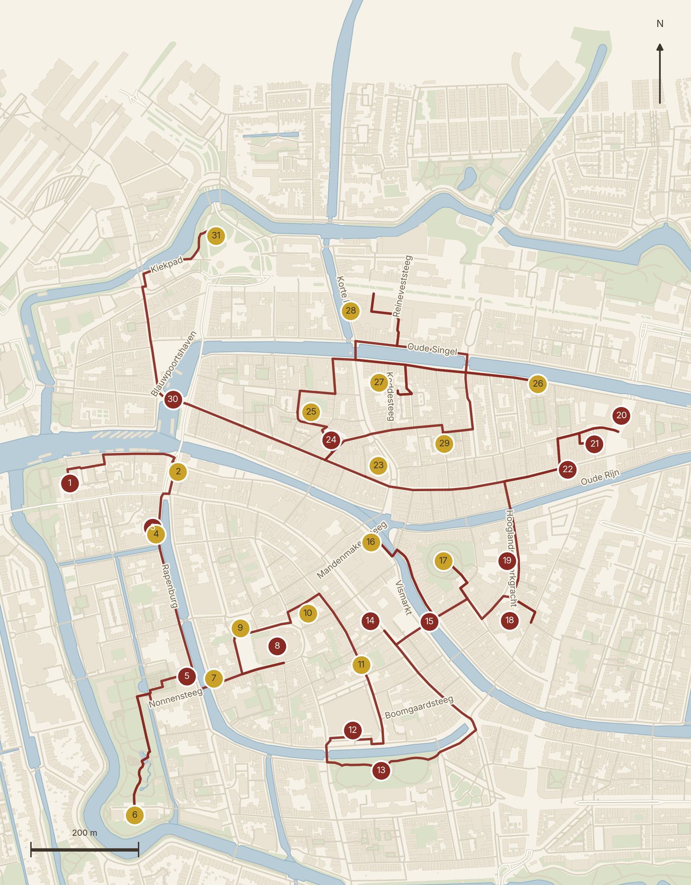 Map of the complete Leiden Secret Stories walking route with all 31 stops marked