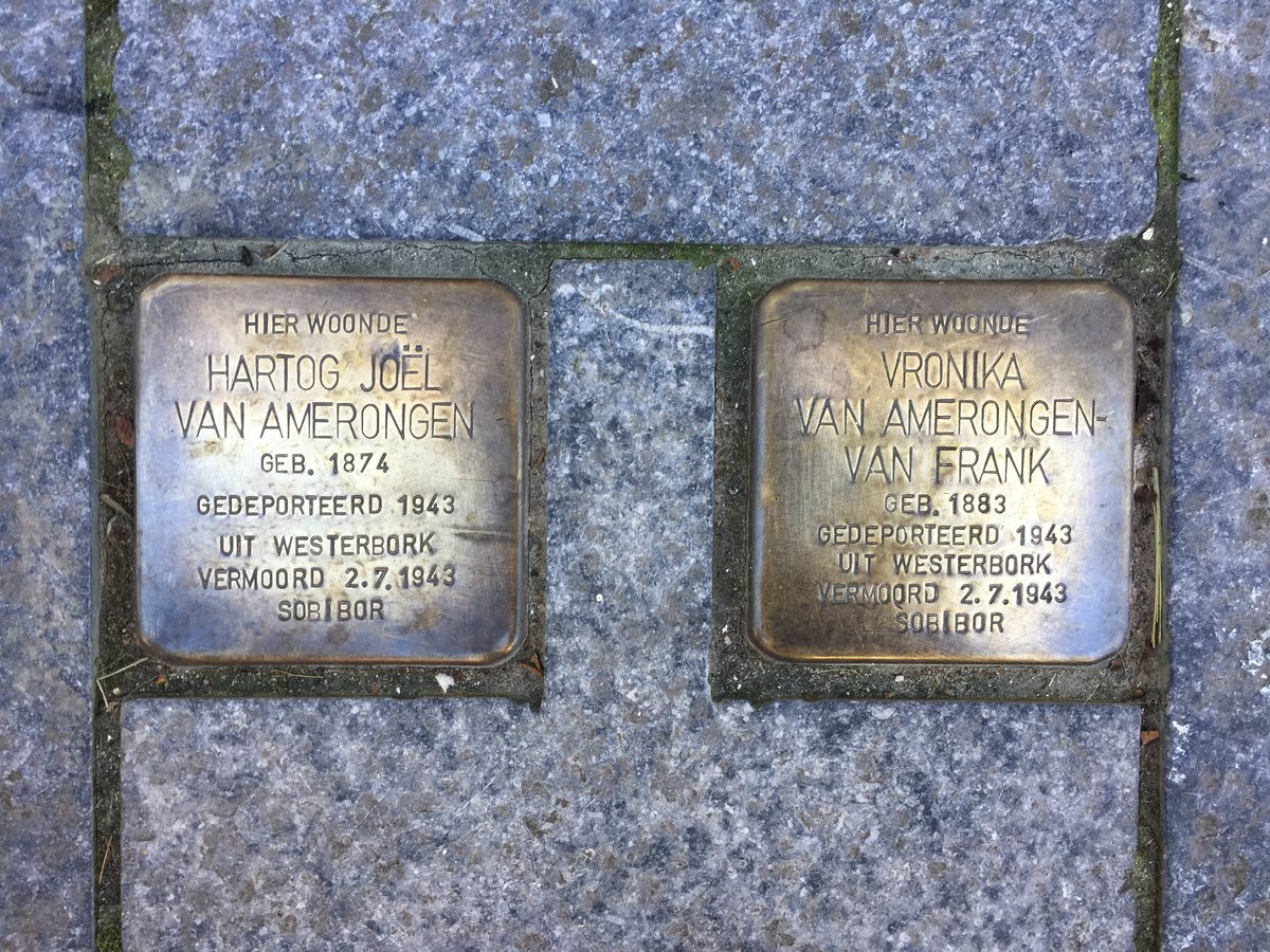 Stolpersteine, brass memorial stones in a Leiden shopping street